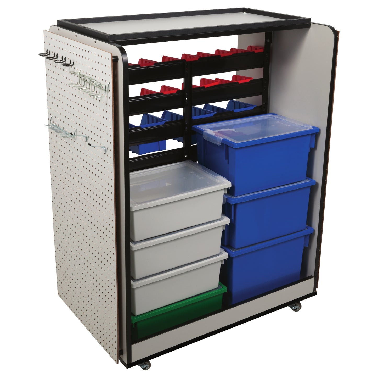 A mobile storage cart with various colored bins and shelves, equipped with pegboard on the sides and sitting on wheels.
