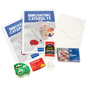 Catapults HS STEM Boost Kit contents including Innovating Catapults guides, templates, glue, tape and small parts