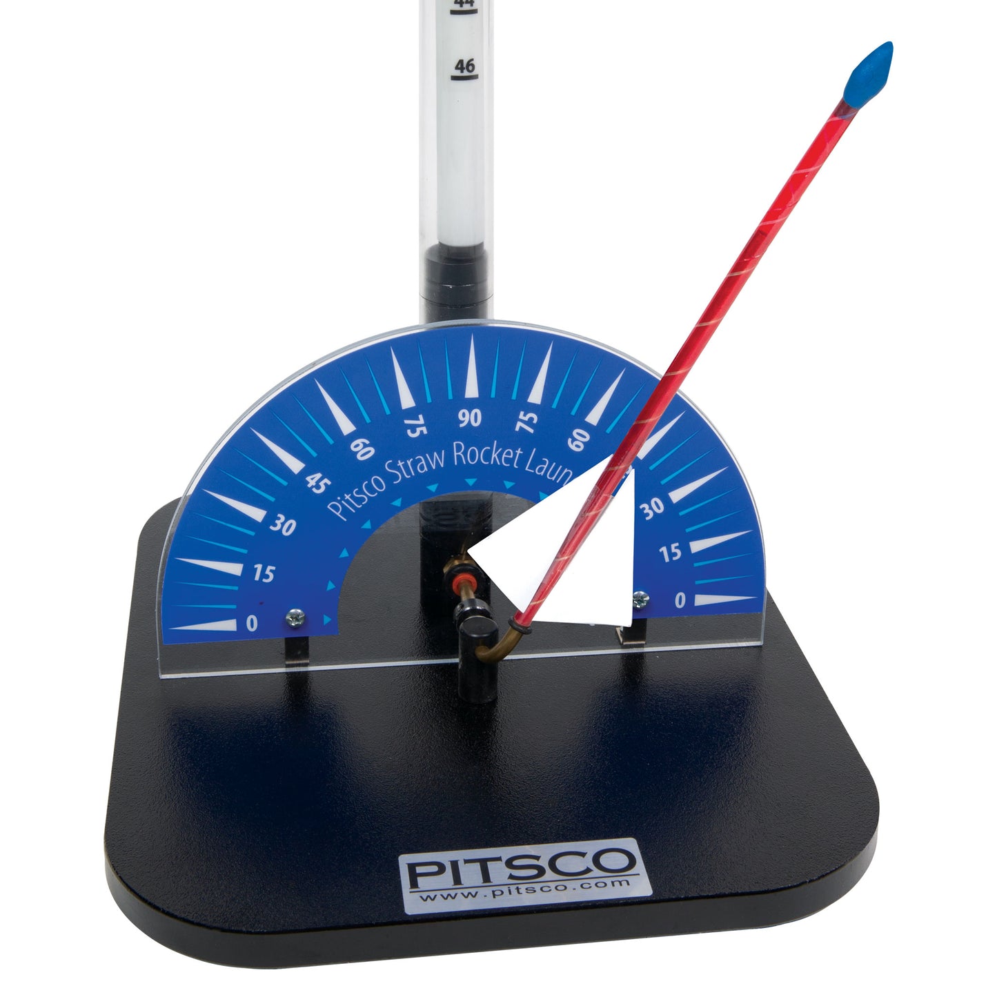 Pitsco straw rocket launcher with blue dial and red and blue straw rocket loaded
