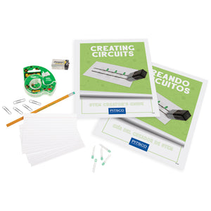 Circuits STEM Boost Kit with Creating Circuits guides in English and Spanish, tape, pencil, paper clips, index cards and parts
