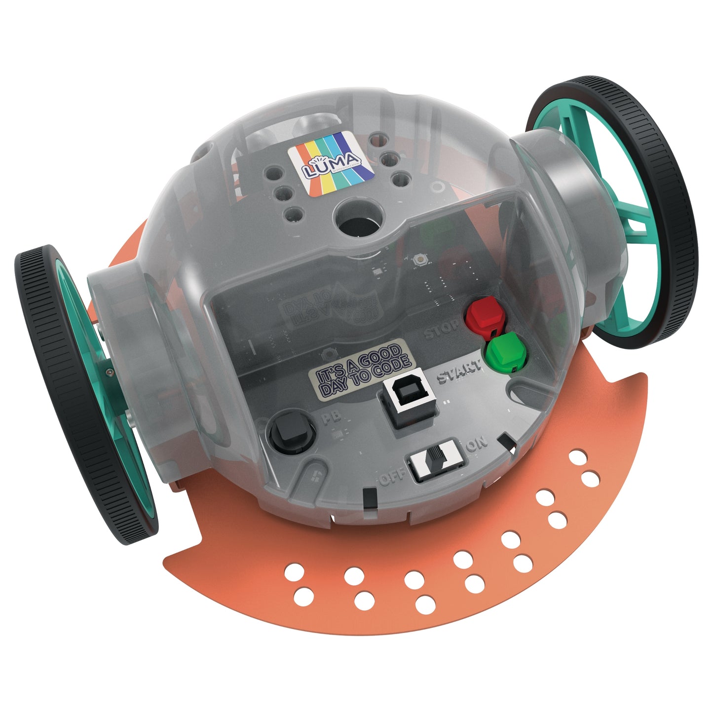 Up close view of the Luma bot start and stop buttons and connectors.
