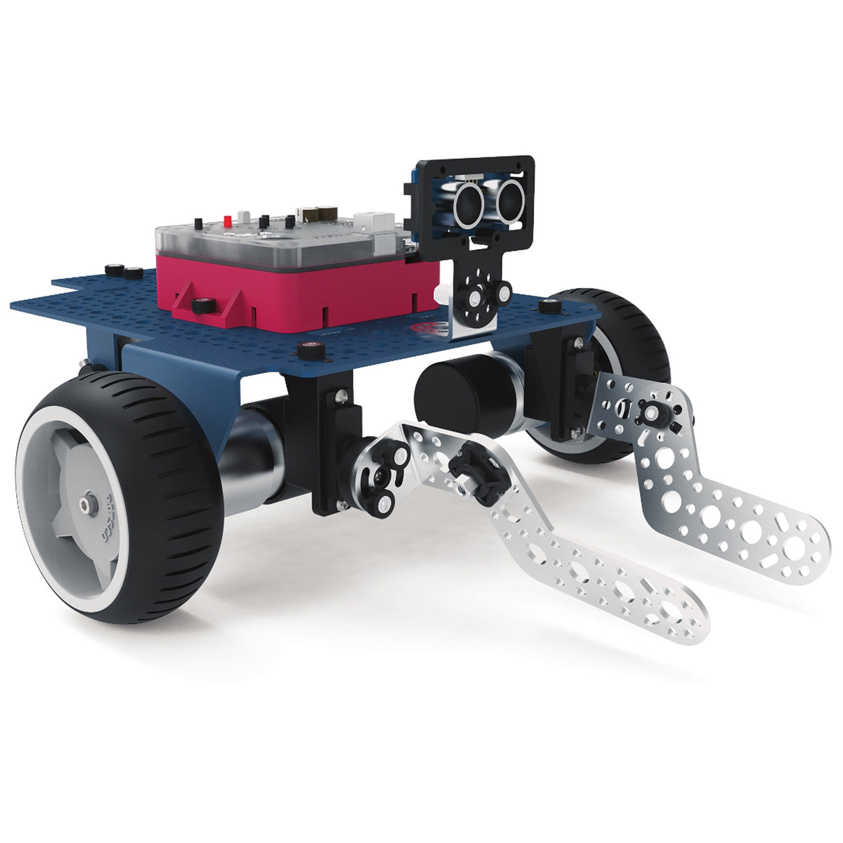 Seeker robot with a blue chassis, pink controller, ultrasonic sensor, two large wheels, and two metal arms in front