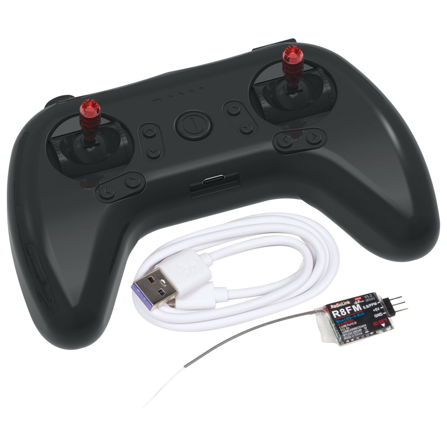 drone infinity Radiolink T8S transmitter, Radiolink R8FM receiver, and USB charging cable