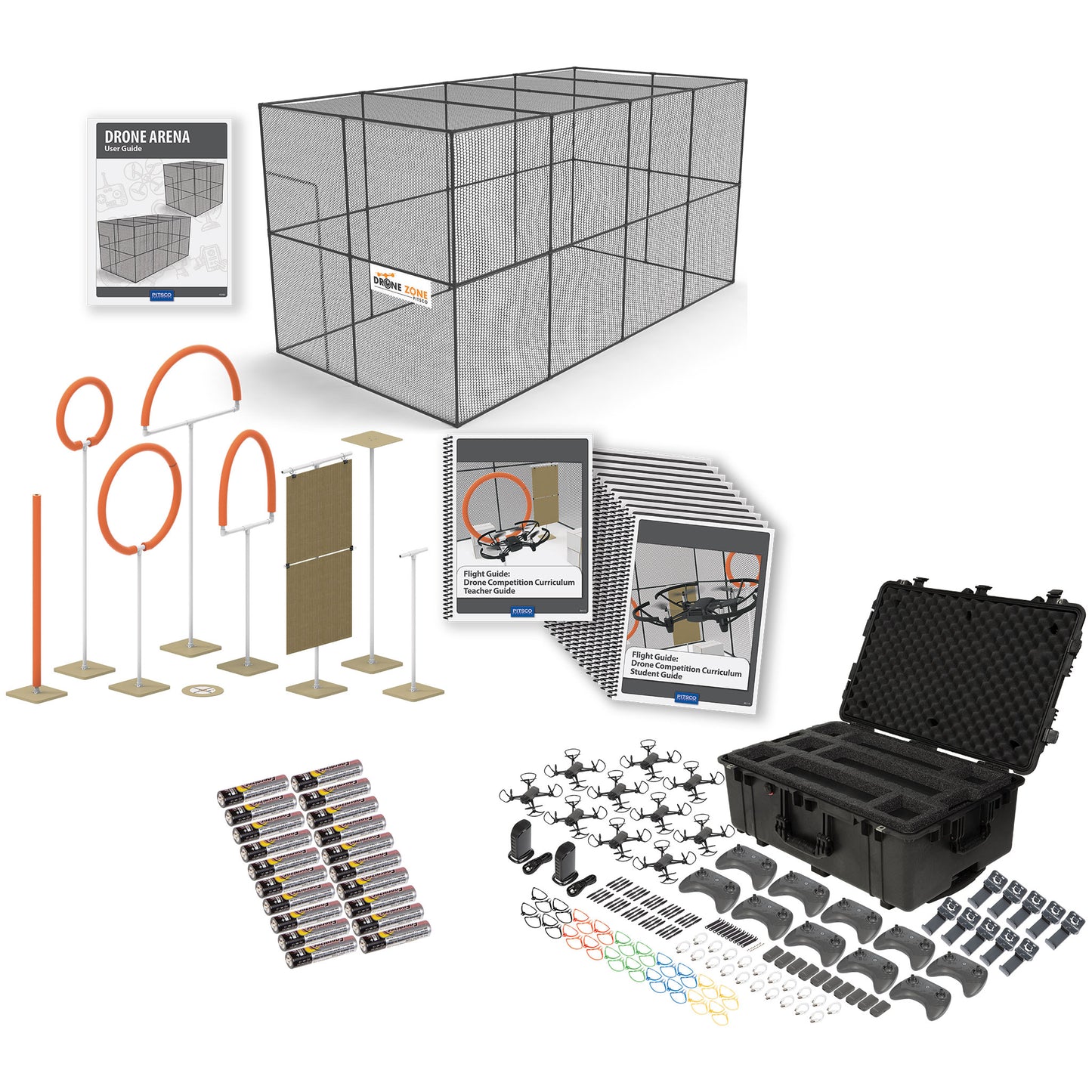 drone arena, flight guide curriculum, field elements, batteries, and echo drones with case