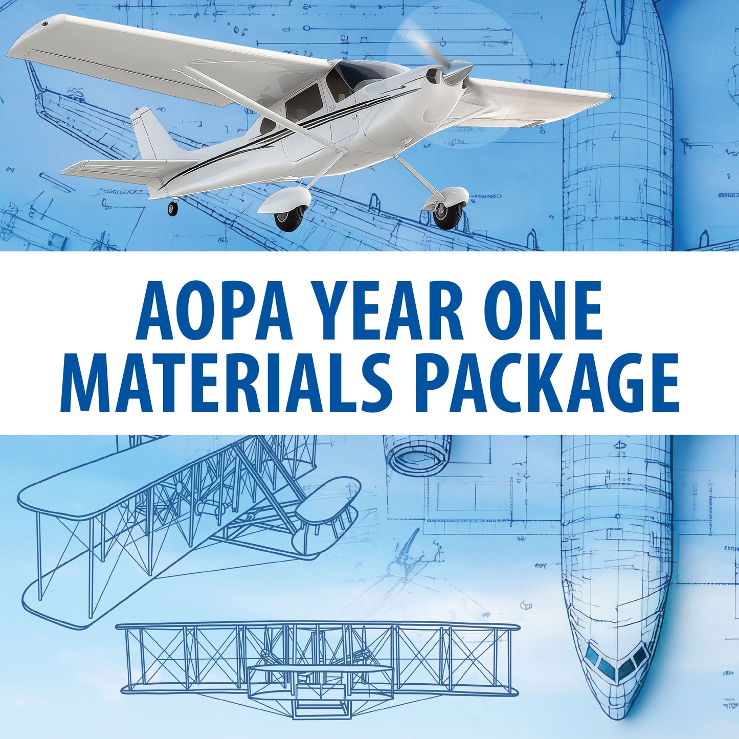 AOPA Year One Materials Package with airplane illustrations and blueprints on a blue background