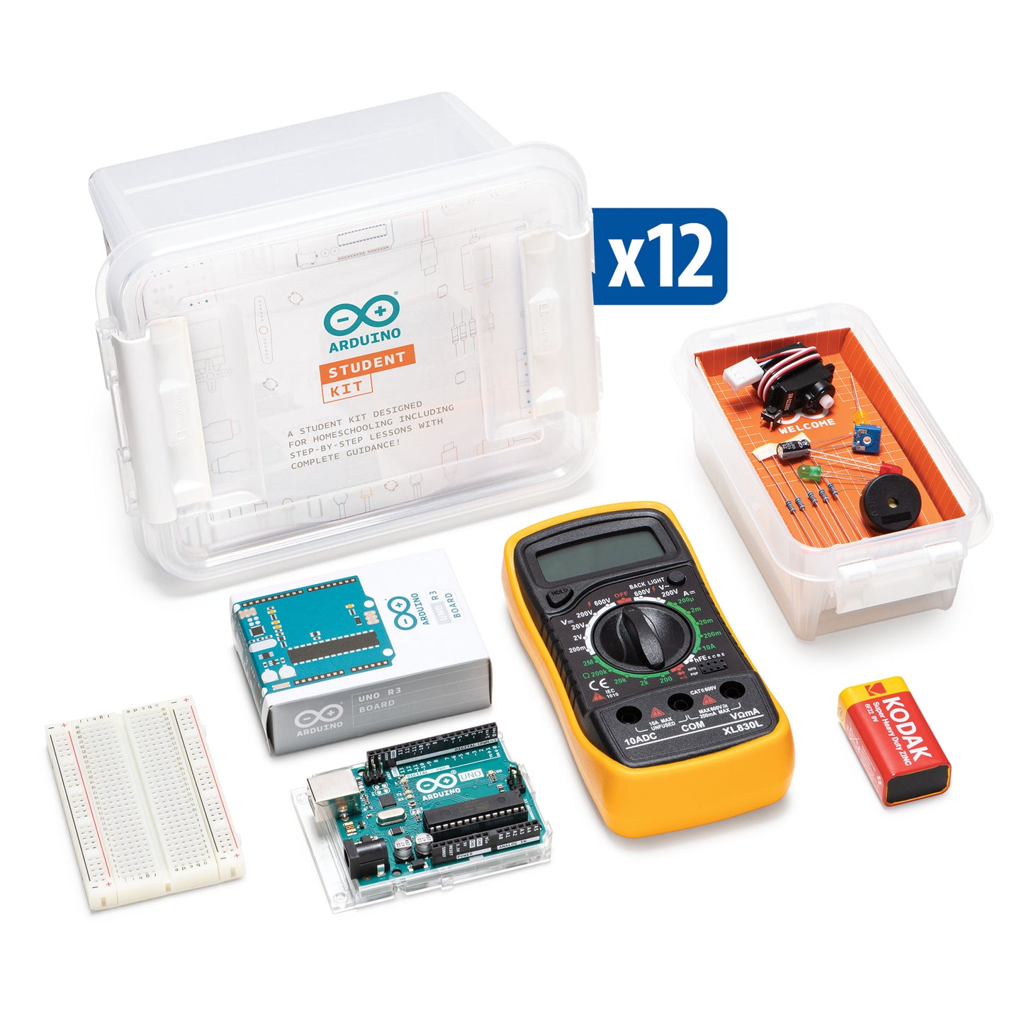 Arduino electronics kit with multimeter, breadboard, and components
