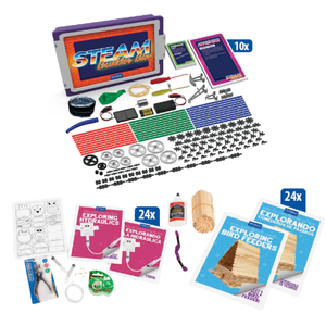 STEAM Builder Bin kit, exploring hydraulics kit, and exploring bird feeders kit