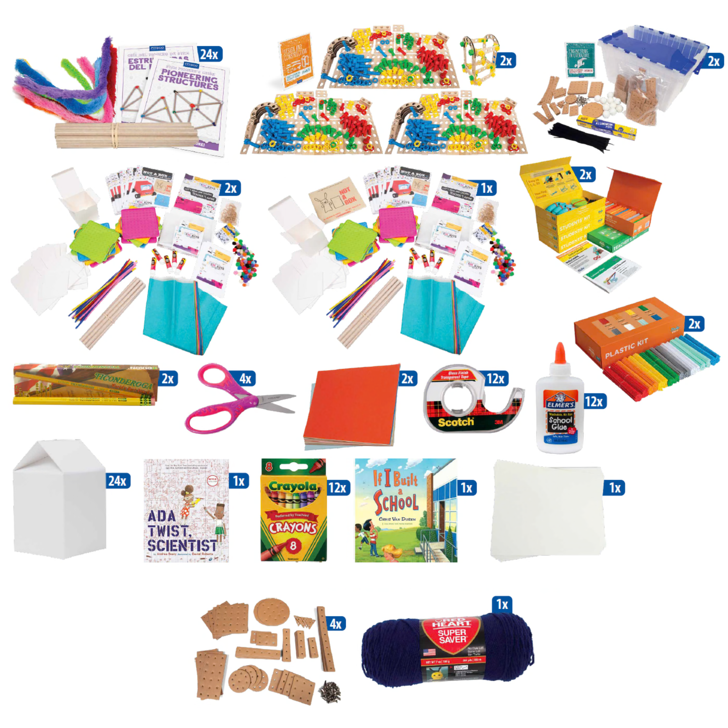 pioneering structures kit, not a box read aloud kit, design and construction activity bundle, engineering in literature activity bundle, 3doodler kit with filament, and various supplies
