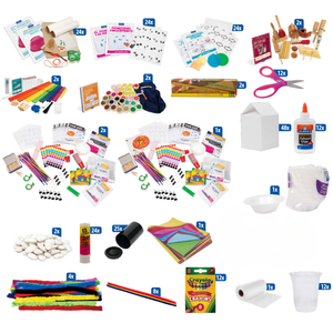 pioneering music kit, pioneering fingerprints kit, pioneering coding kit, rhythm and patterns activity bundle, exploring senses activity bundle, pencils, scissors, the dot read aloud kit, and various supplies
