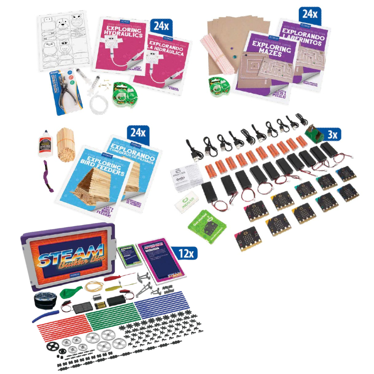 exploring hydraulics kit, exploring bird feeders kit, exploring mazes kit, STEAM builder bin, microbit