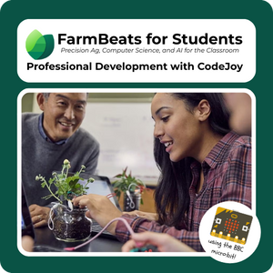 Promotional graphic for FarmBeats for Students with two people working on a project using micro:bit.