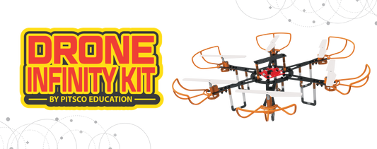 Drone Infinity Kit by Pitsco Education banner with a quadcopter with orange propeller guards