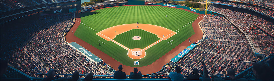 Baseball stadium viewed from above with a green field, infield dirt and crowded stands