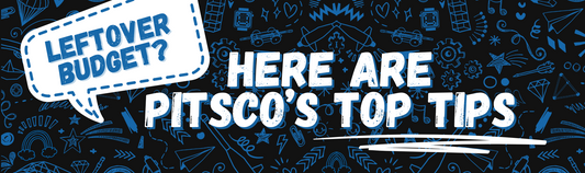 Banner reading Leftover budget? Here are Pitsco's top tips, on a black background with blue doodles