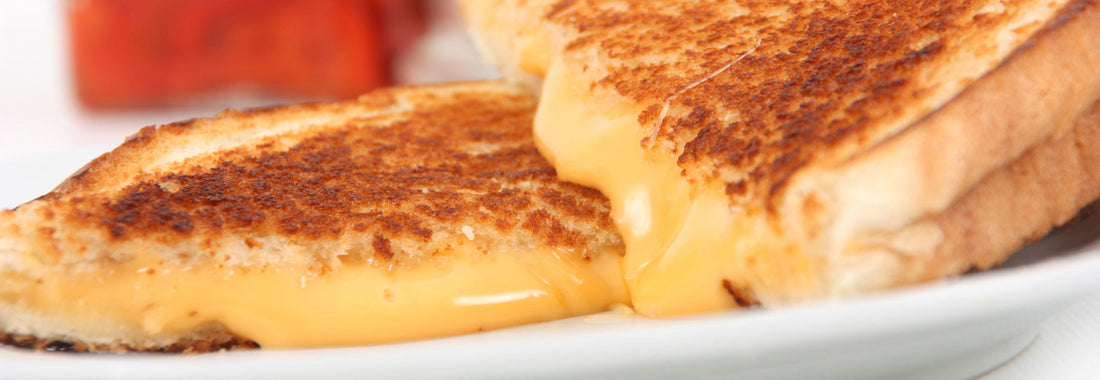 Grilled cheese sandwich with melted cheese oozing out, served on a white plate