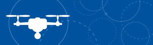 White drone silhouette with a camera on a blue background with faint circle outlines