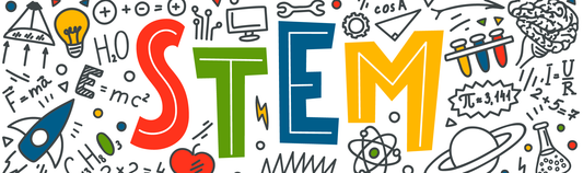 Colorful STEM lettering surrounded by hand-drawn science doodles including a rocket, light bulb, planet and test tubes