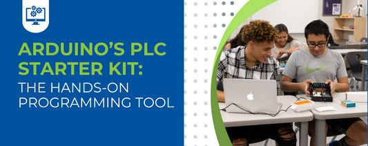 Banner reading Arduino's PLC Starter Kit: The hands-on programming tool with two students and a laptop in class