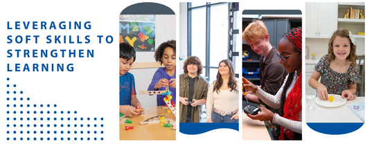 Banner reading Leveraging soft skills to strengthen learning, with four photos of students building and learning