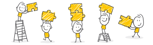 Illustration of five stick figures carrying and fitting together large yellow puzzle pieces