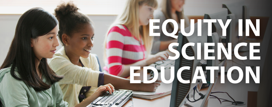 Banner reading Equity in science education, with students typing at computers