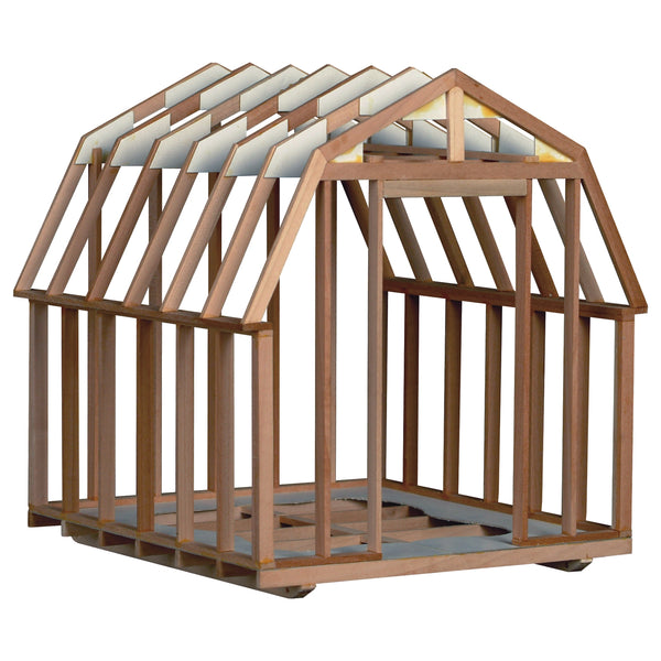 A wooden scale model kit of a utility building, featuring a framed structure with no roofing.