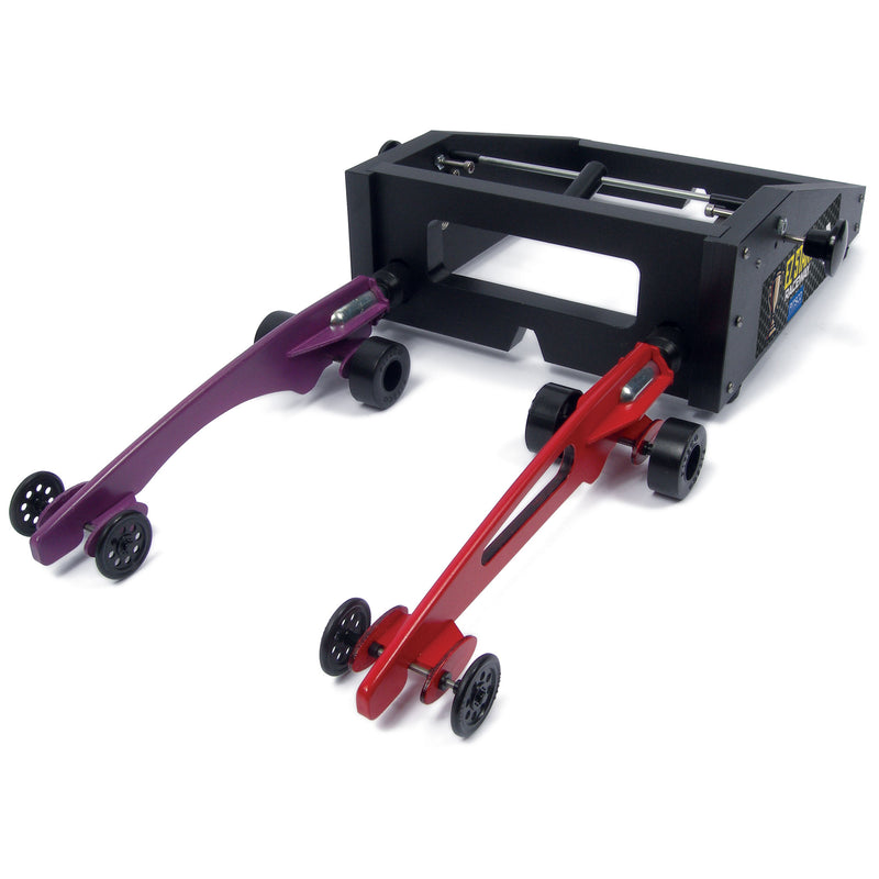A purpole and red CO2 dragster loaded into the EZ Start Gate