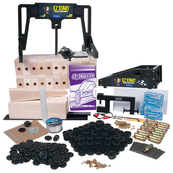 Collection of co2 dragster building materials, including the EZ Start Raceway and dragster blanks