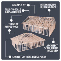 Wooden model house frame for students in grades 9-12 with architectural elements including roof selection and compoents including architect scale ruler and real house plans