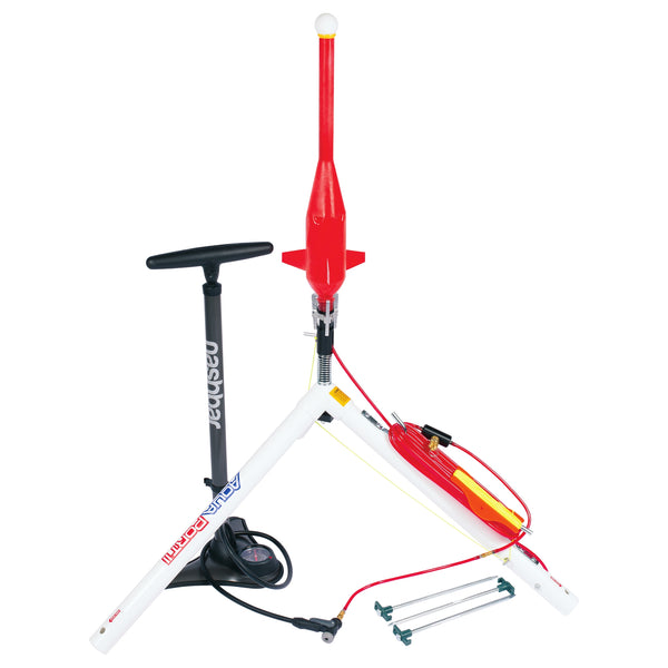 An AquaPort II Water Rocket Launcher with a red and white rocket attached, on a tripod base with black and gray details. Accessories including air tubing, launch string, and stakes are also visible.