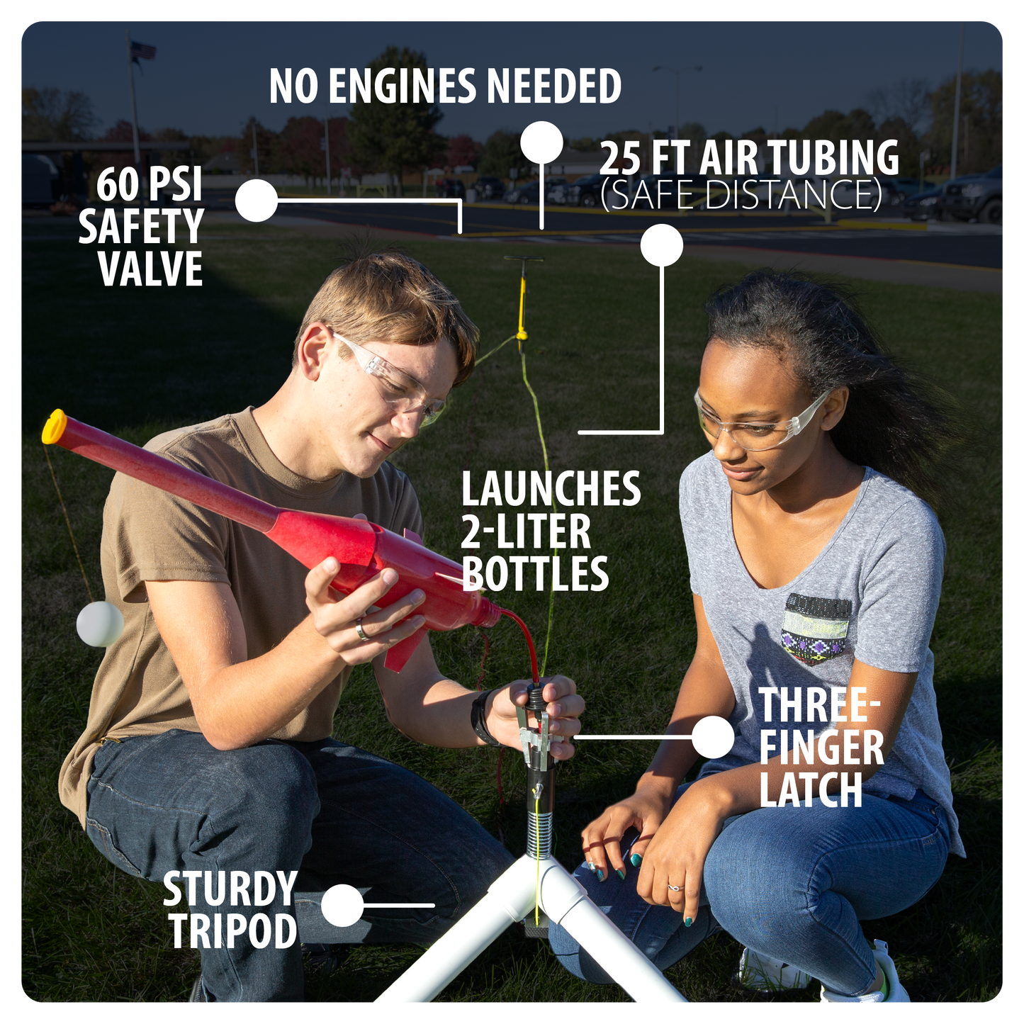 Two students using a bottle rocket launcher with text highlighting features like safety valve, air tubing, and launch capabilities.
