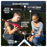 Two students using a bottle rocket launcher with text highlighting features like safety valve, air tubing, and launch capabilities.