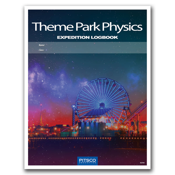 Book cover of 'Theme Park Physics Expedition Logbook' with a ferris wheel and night sky design.