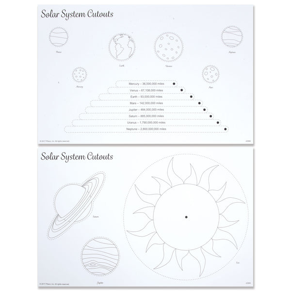 Solar system cutouts with planetary outlines and distance information