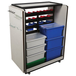 A mobile storage cart with various colored bins and shelves, equipped with pegboard on the sides and sitting on wheels.