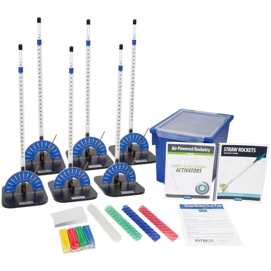 Six straw rocket launchers, straws, clay, blue bin, and straw rocket curriculum guides