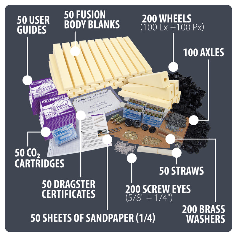 Diagram of a fusion dragster kit components including 50 fusion body blanks, 50 user guides, 50 sheets of sandpaper, 50 straws, 200 wheels, 100 axles, 200 screw eyes, 200 brass washers, 50 CO2 cartridges, 50 dragster certificates.
