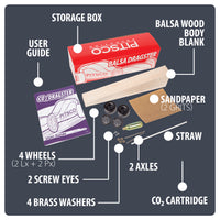 Diagram of a balsa dragster kit components including storage box, user guide, sandpaper, straw, wheels, axles, screw eyes, brass washers, and CO2 cartridge.