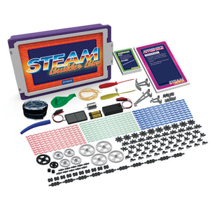 STEAM Builder Bin educational kit with various components, idea cards, and purple storage bin