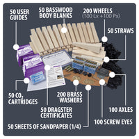 Diagram of a basswood dragster 50 pack components including 50 basswood body blanks, 50 user guides, 50 sheets of sandpaper, 50 straws, 200 wheels, 100 axles, 200 screw eyes, 200 brass washers, 50 CO2 cartridges, 50 dragster certificates.