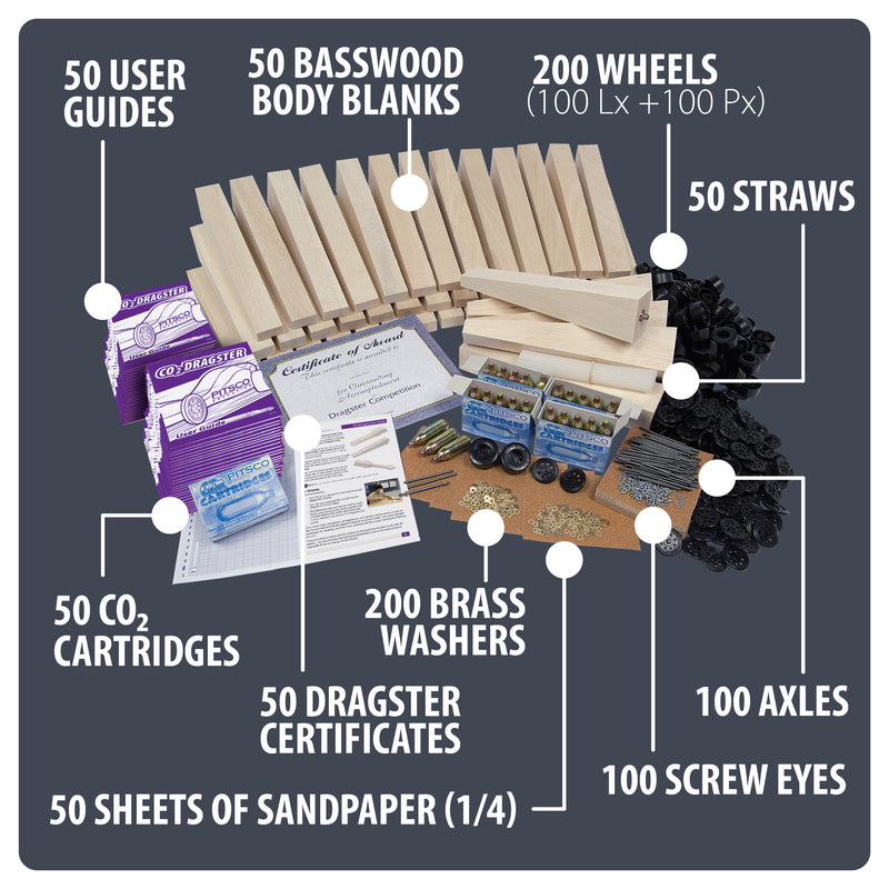 Diagram of a basswood dragster 50 pack components including 50 basswood body blanks, 50 user guides, 50 sheets of sandpaper, 50 straws, 200 wheels, 100 axles, 200 screw eyes, 200 brass washers, 50 CO2 cartridges, 50 dragster certificates.
