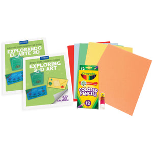 3-D Art STEM Boost Kit with English and Spanish explorer guides, colored paper, a box of colored pencils and a glue stick