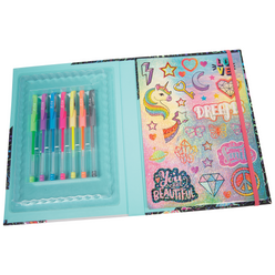 Inside of Art Feeds Spirit Journal, featuring colored pen holder.