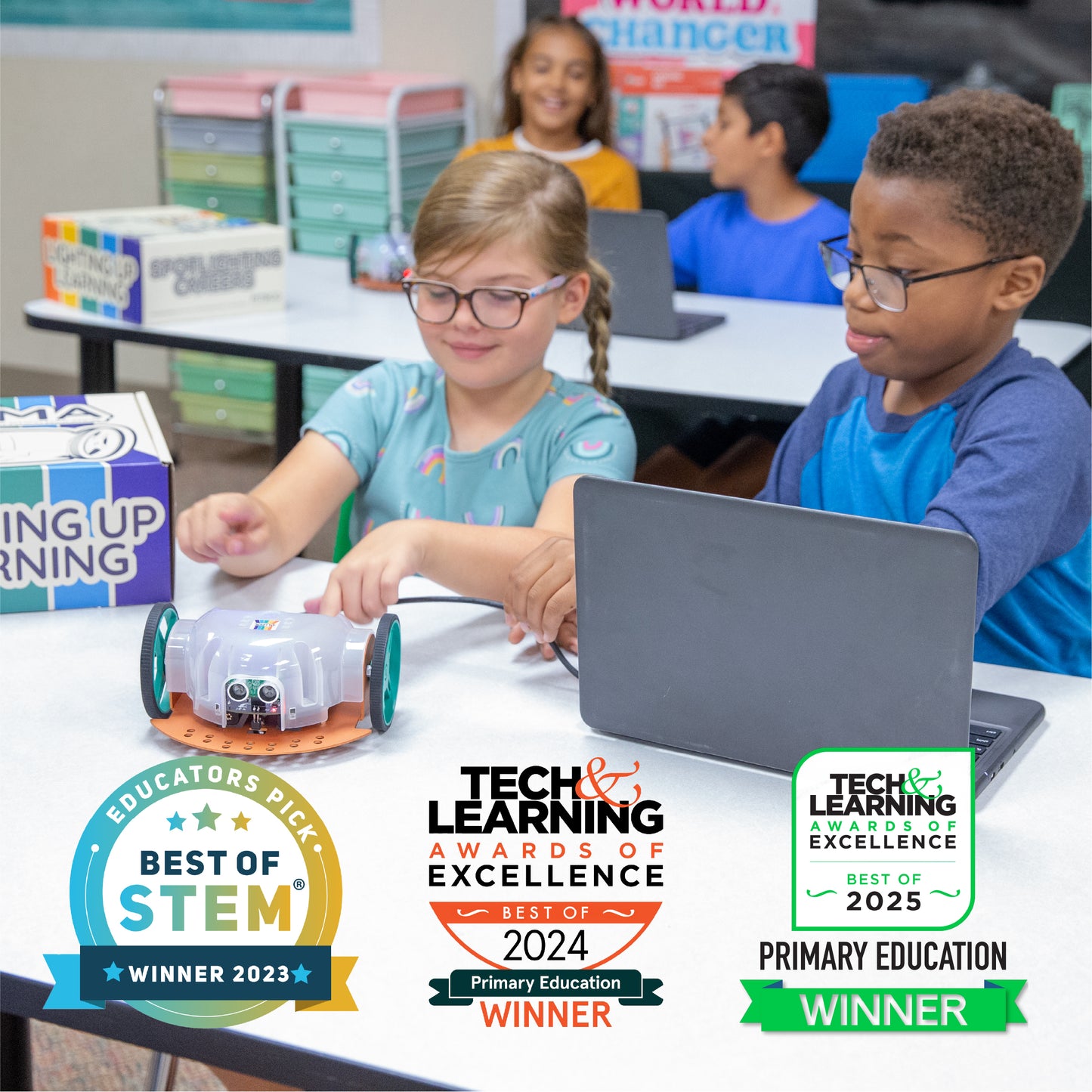 4th through 6th grade students learning STEM skills with the award-winning Luma bot from Pitsco Education. Best of STEM Educator's Pick, Tech & Learning Excellence award. 