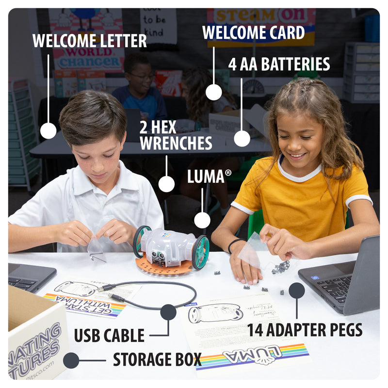 Luma includes a welcome letter, welcome card, batteries, hex wrenches, the bot, 14 adapter pegs, a usb cable, and a storage box.