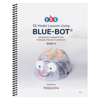 Spiraled book titled '5E Model Lessons Using BLUE-BOT' with a blue-bot robot on the cover