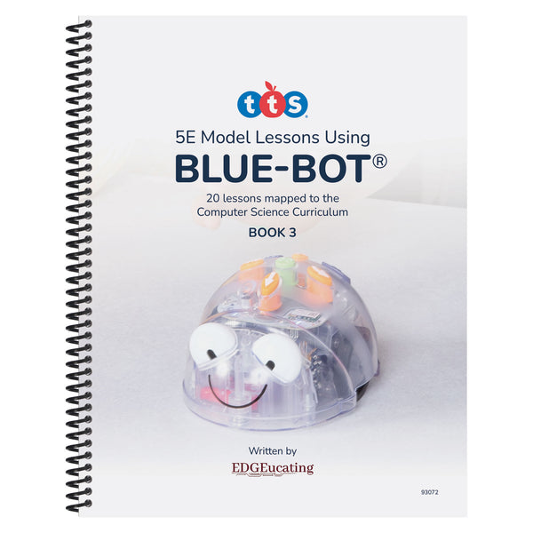 Spiraled book titled '5E Model Lessons Using BLUE-BOT' with a blue-bot robot on the cover