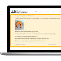 A laptop displaying the Pitsco Smart Science platform with text and an illustration of a science experiment setup.