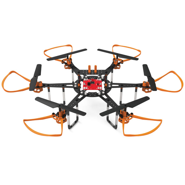 A black and orange Pitsco Drone Infinity Kit with four rotors, designed for educational purposes and drone construction.