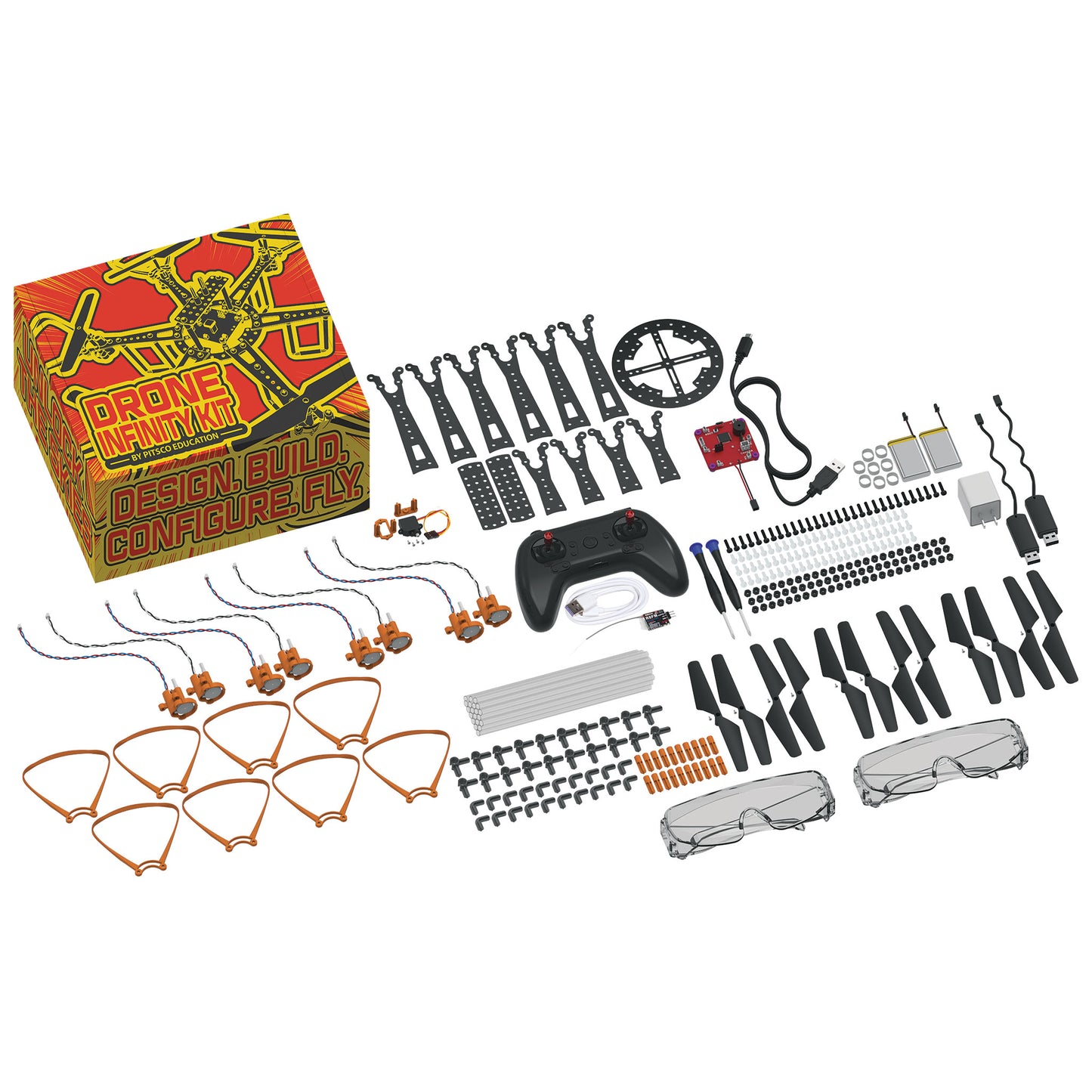 Drone infinity kit with various components including propellers, guards, batteries, and controller
